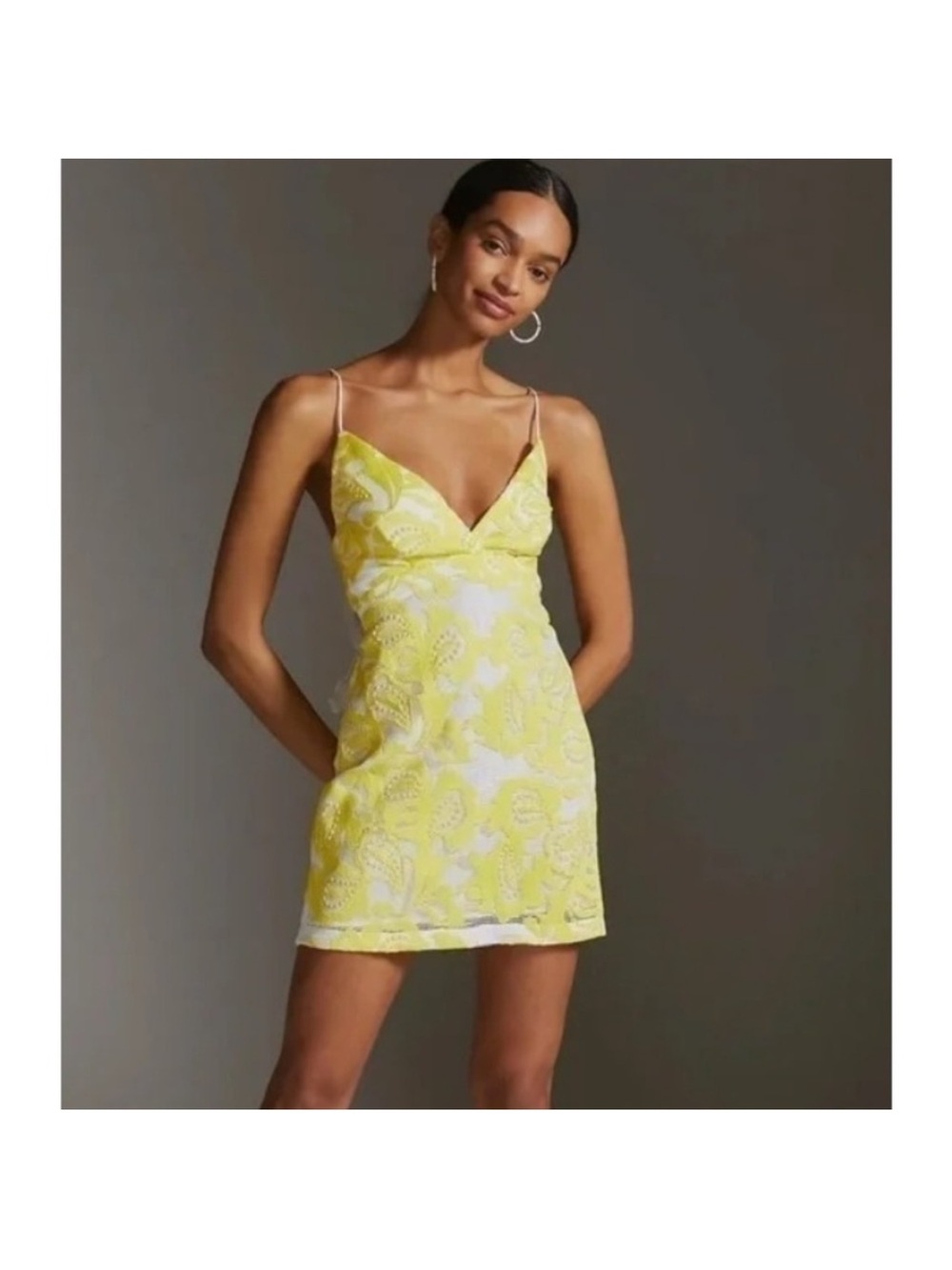 Mauve Yellow Floral Lace Mini Dress - Spaghetti Strap